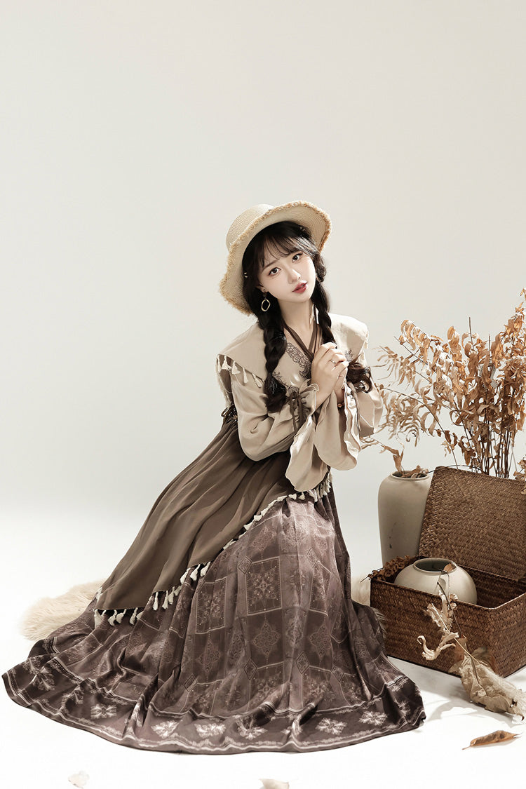 Mysterious Tribe Lantern Sleeve Chinese Style Lolita Dress - Asymmetric Ruffle