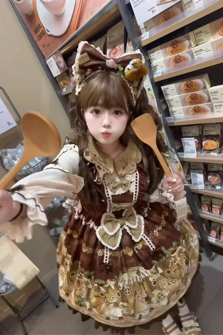 Squirrel Chocolate Shop Doll Collar Sweet Lolita Dress with Bow - Long Sleeves