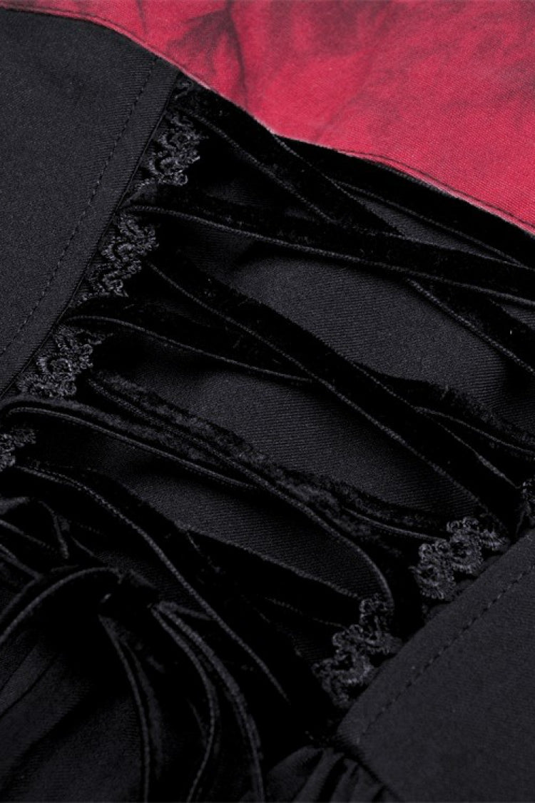 Crimson & Obsidian Sleeveless Bowknot Lace-Up Double-Layered Frilly Gothic Slip Graduation Dress