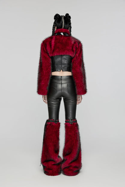 Crimson High-Neck Punk Faux Fur Cropped Jacket with Long Sleeves