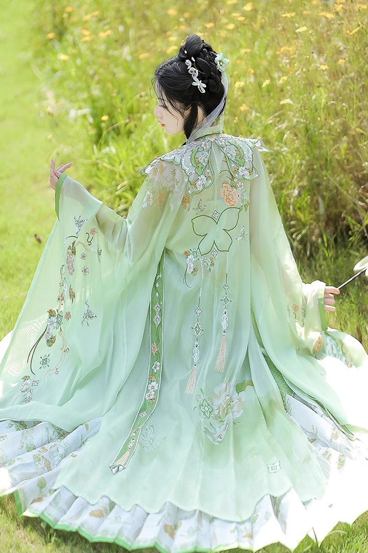 Emerald Ming Dynasty Round Collar Long Sleeve Print Embroidery Sweet Hanfu Outfit