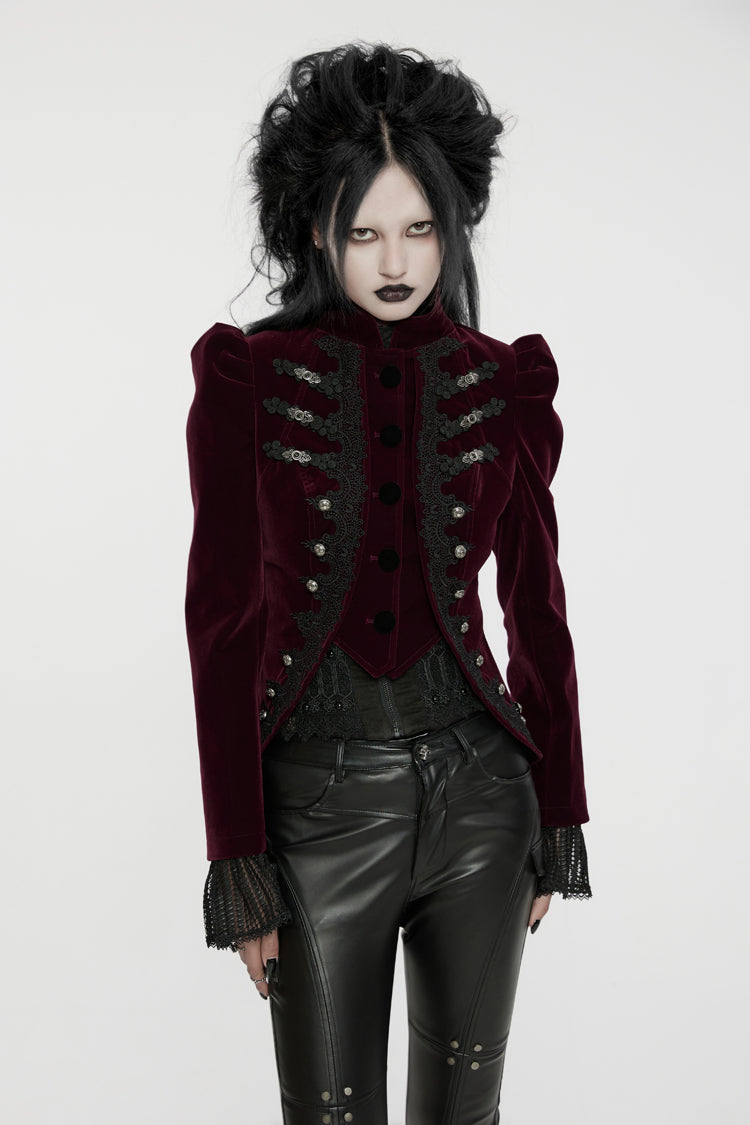 Crimson High-Neck Gothic Swallowtail Coat for Women