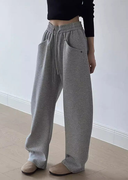 Casual Grey Pockets Drawstring Elastic Waist Cotton Pants Fall AF1072