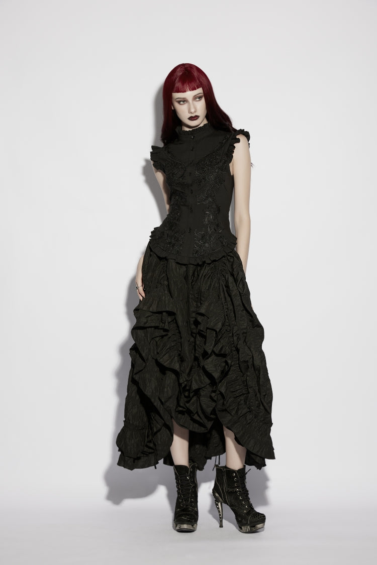 Elegant Black Gothic Blouse for Women, Ruffled with Embroidery and Lace-Up