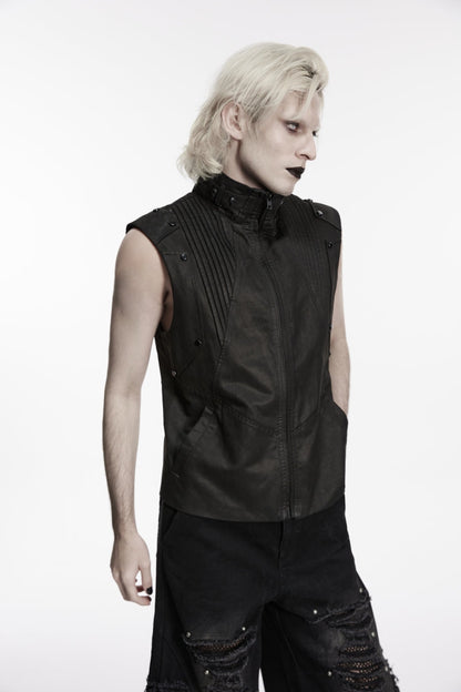 Cool Black Punk Vest for Men, Pleated with Studs and Zippers