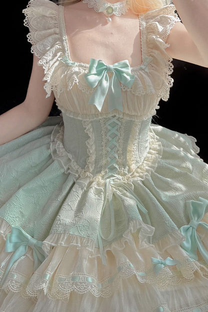 Emerald Double-Layer Ruffle Bow Lace Lace-Up Sweet Ballet Lolita Jumper Dress
