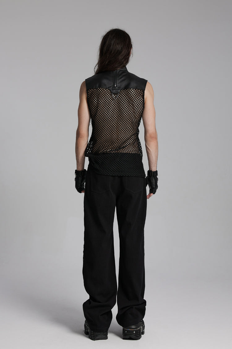 Men's Black Punk Vest, Mesh with Triangle Eyelets and High Collar