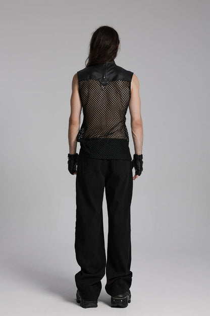 Men's Black Punk Vest, Mesh with Triangle Eyelets and High Collar