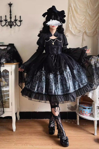 Nocturnal Church Print Ruffle JSK Gothic Dress