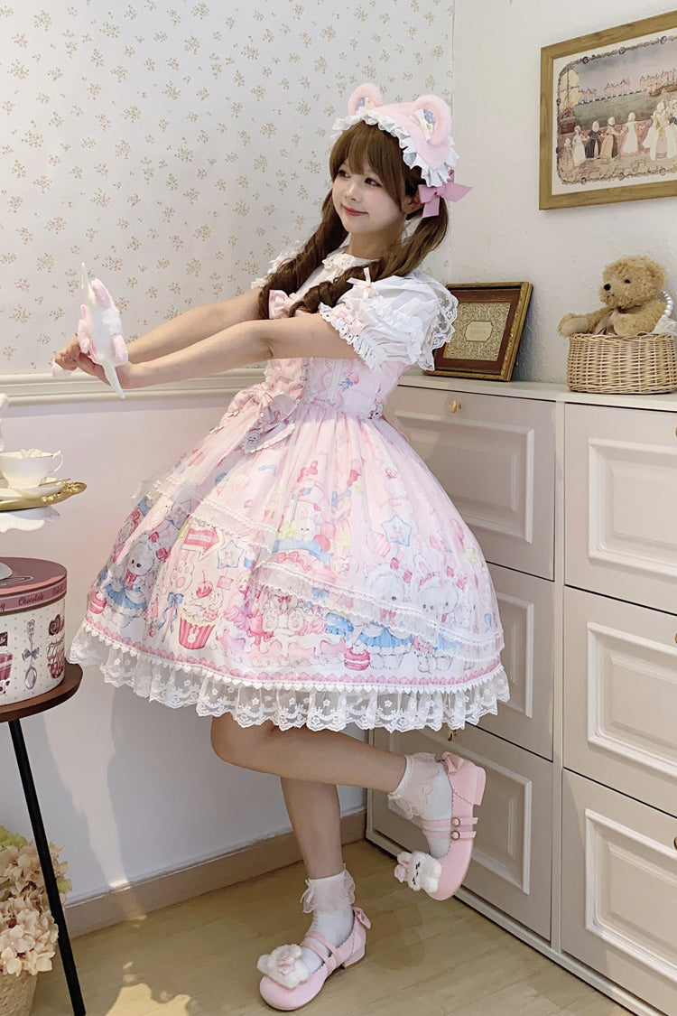 Blush Printed Bow Lace Sweet JSK with Rabbit Cake