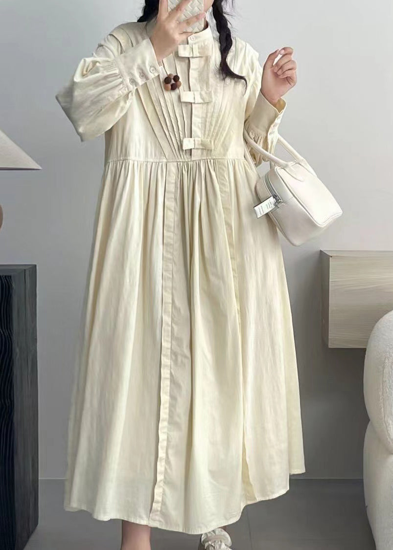 Elegant Beige Wrinkled Button Cotton Dresses Long Sleeve NN028