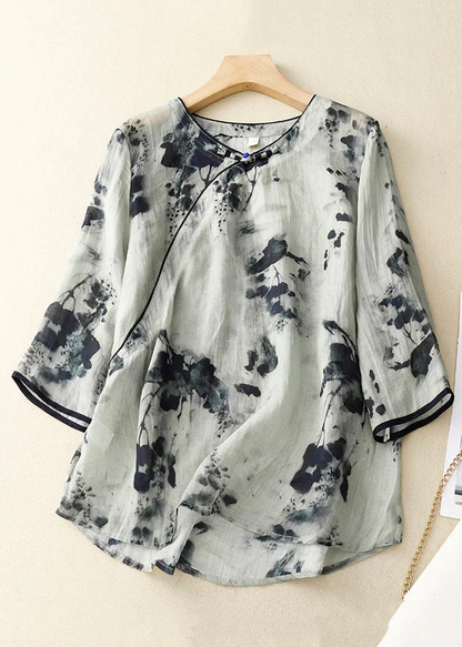 Grey Button Grace Cotton Blouses O Neck Bracelet Sleeve QR026