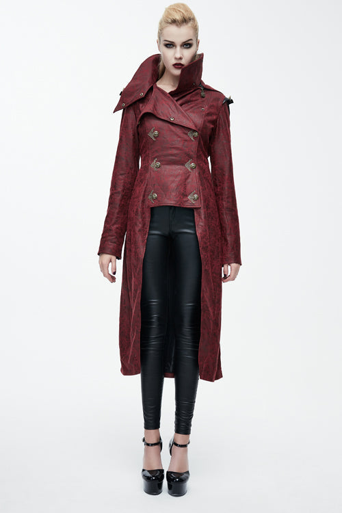 Crimson Punk Leather Coat with Asymmetric Hem and Long Back