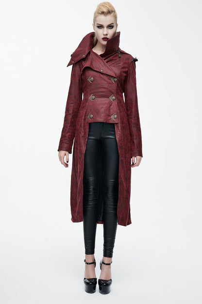 Crimson Punk Leather Coat with Asymmetric Hem and Long Back