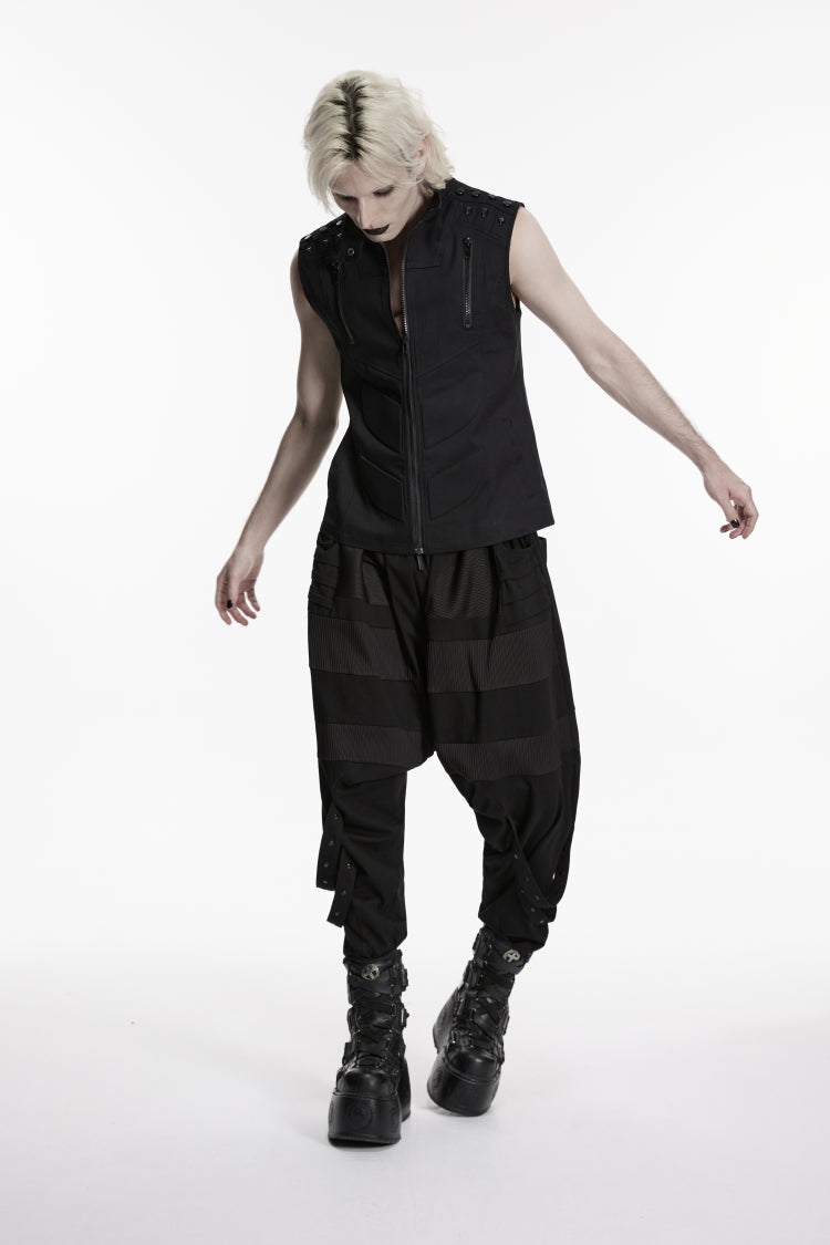 Men's Black Punk Vest, Sleeveless with Studs and Zip Front