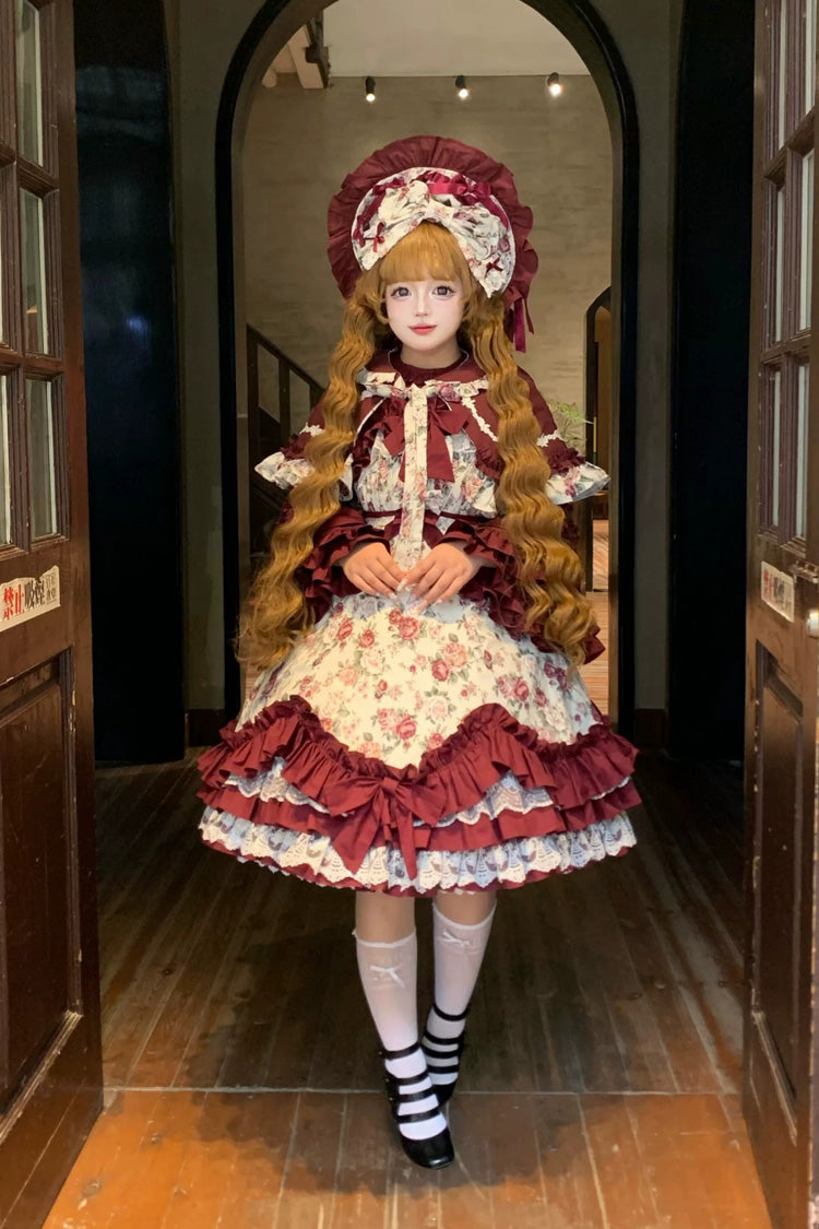 Off Shoulder Ruffled Bow Lace Gothic Lolita JSK Dress with Rose Print