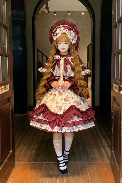 Off Shoulder Ruffled Bow Lace Gothic Lolita JSK Dress with Rose Print