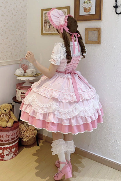 Blush Sleeveless Multi-Layered Ruffle Bow Lace Sweet JSK - Fondant Cake