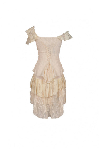 Steampunk Vintage Women's Dress with Irregular Ruffled Lace Layers, Cream