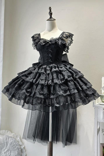 Ebony Sleeveless Tiered Bow Lace-Up Ballet JSK - From Broken Wings to Rebirth