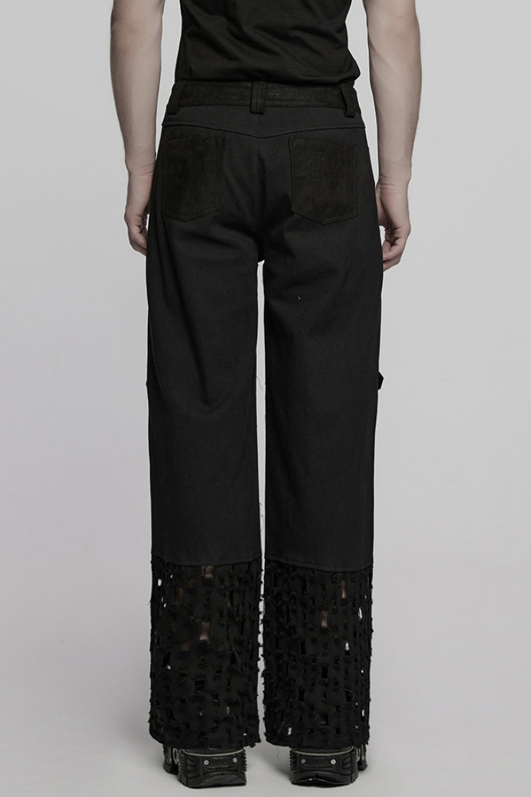 Men's Punk Straight Pants with Eyelet and Ripped Detailing