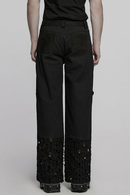 Men's Punk Straight Pants with Eyelet and Ripped Detailing