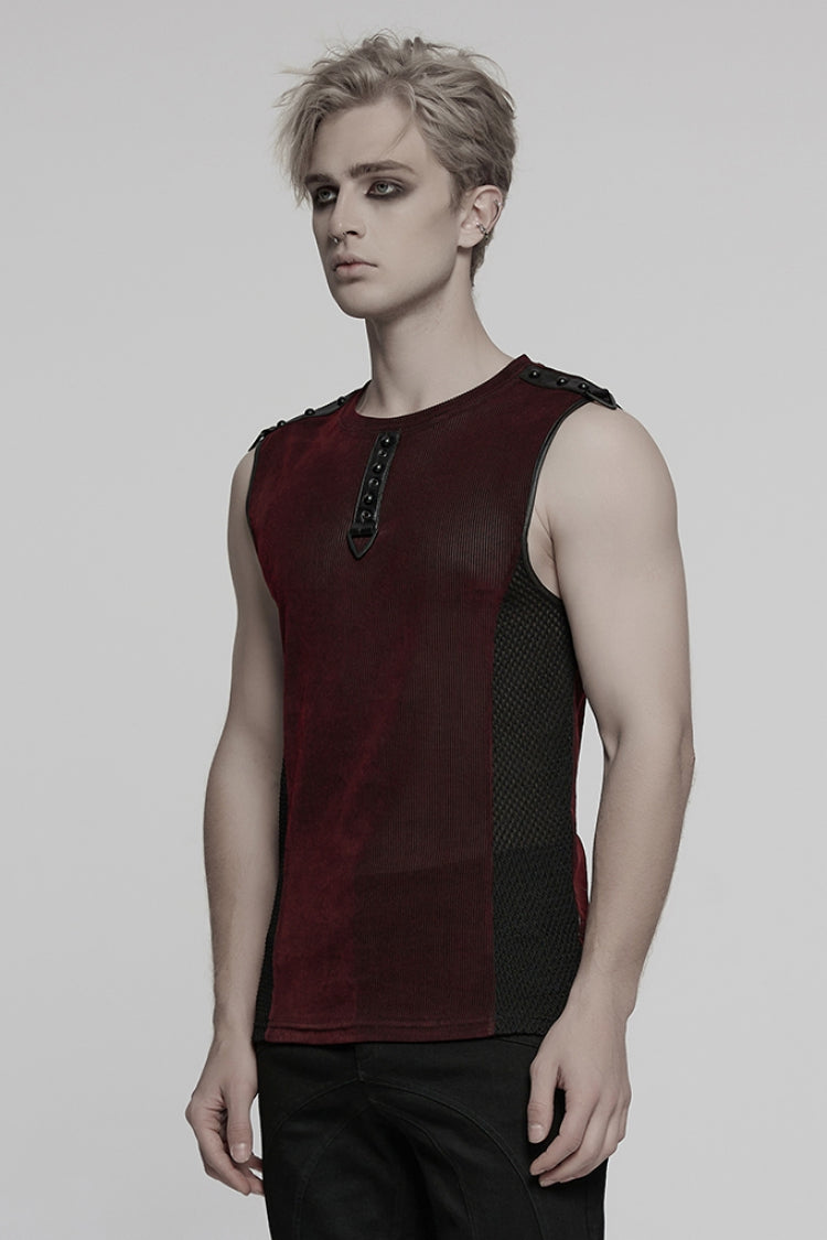 Crimson & Obsidian Round Collar Sheer Mesh Color Matching Rivet Punk Vest