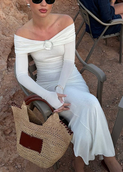 Spring Dresses Side White Slash Neck Slim Cotton Fit Open Long