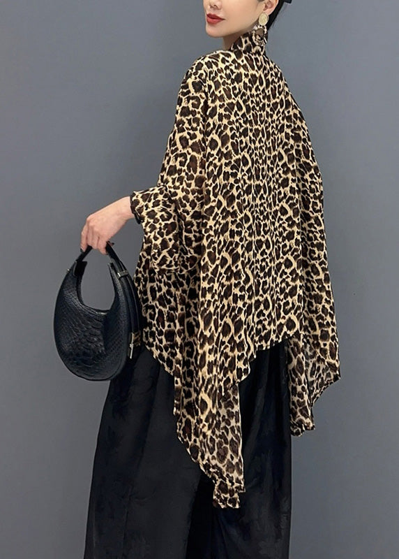 Fashion Leopard Stand Collar Asymmetrical Design Tops Fall AO1007