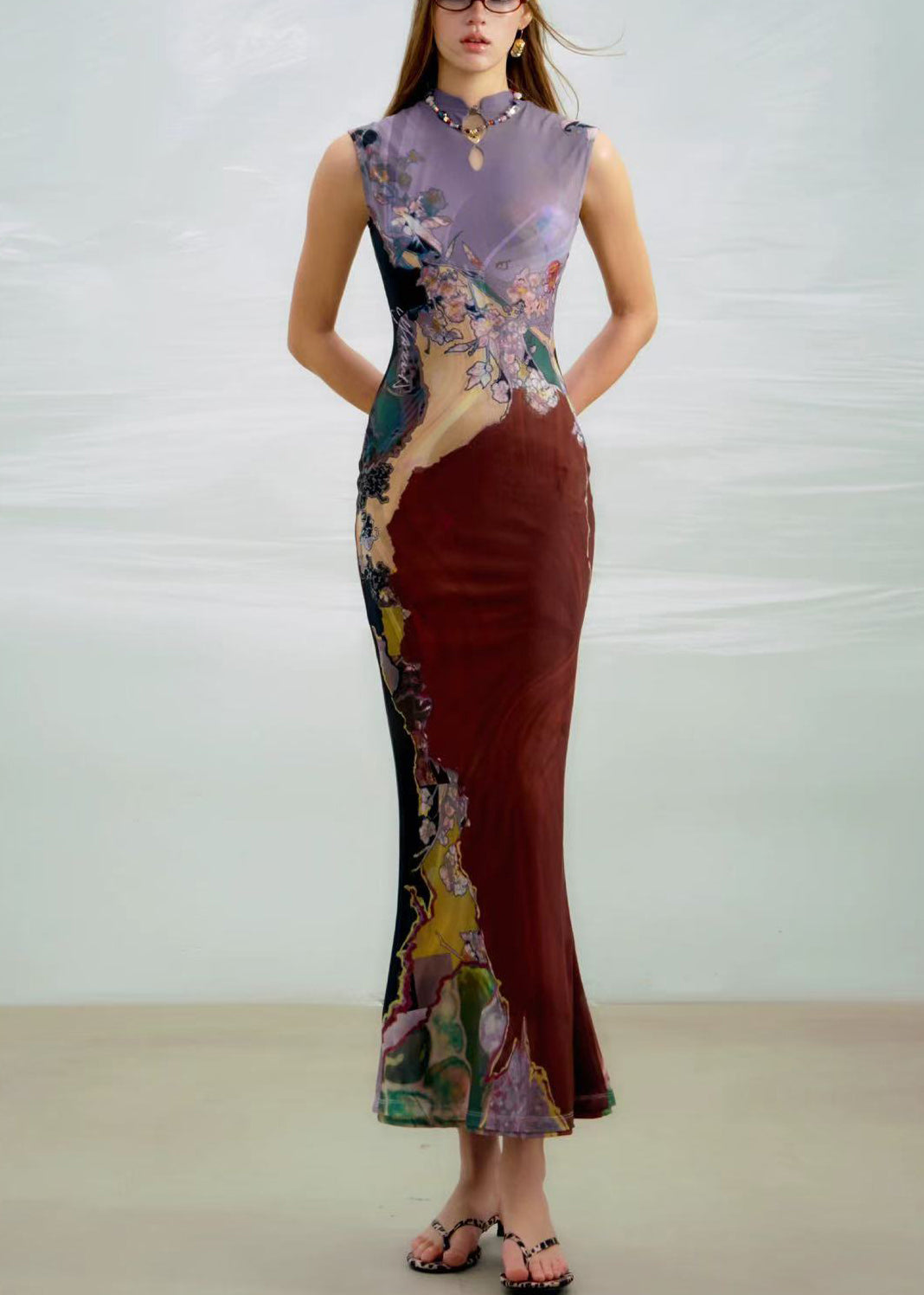 Sides Wear On Long Dress Both Purple Sleeveless Print