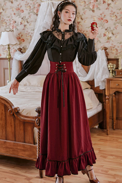 Palace-Style Ruffled Stripe Print Lolita Dress Skirt in Wine - AristocraticVintage