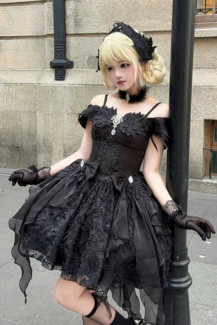 Embroidered Gothic JSK Dress with Square Collar and Flutter Sleeves in Black