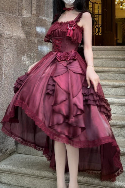 Crimson Square-Neck Sleeveless Princess Lolita JSK with Ruffles and Bow