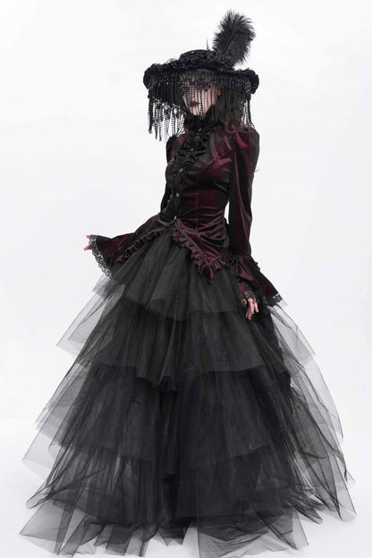 Crimson High-Neck Gothic Ruffled Blouse with Flared Sleeves and Tail Hem