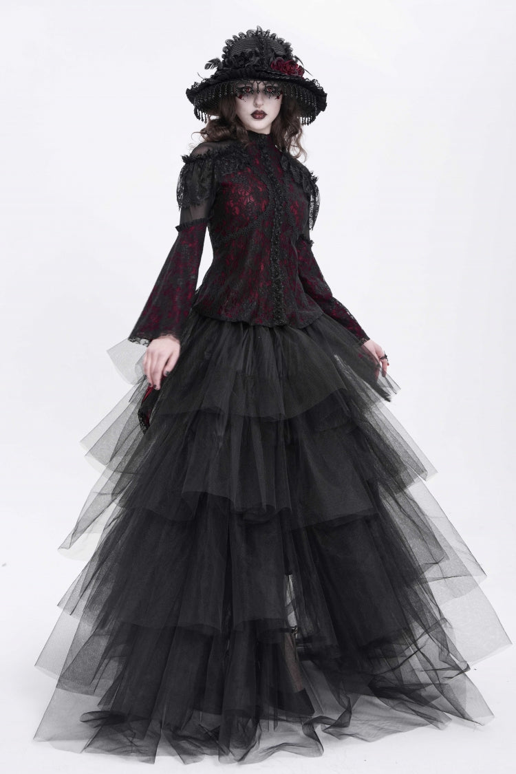 Crimson High-Neck Gothic Lace Blouse with Embroidered Flared Sleeves