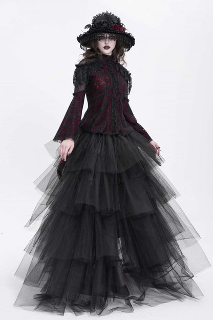Crimson High-Neck Gothic Lace Blouse with Embroidered Flared Sleeves