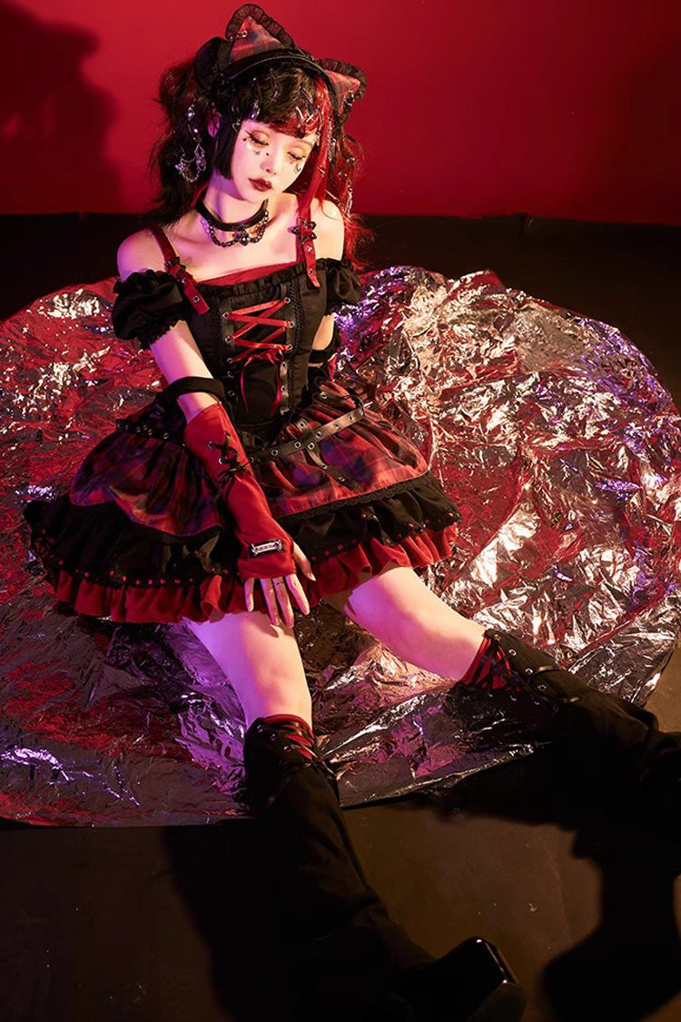 Crimson & Charcoal Floral Ruffle Laced Japanese Goth Princess JSK