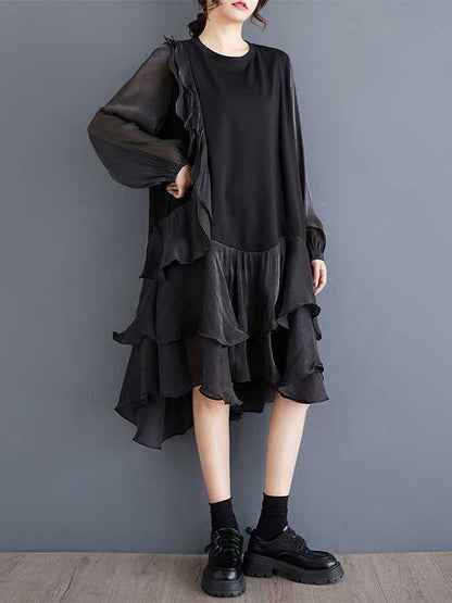 Chic Black Round-Neck Patchwork Contrast Color Ruffle Trim High-Low Long Sleeve Dress TW019