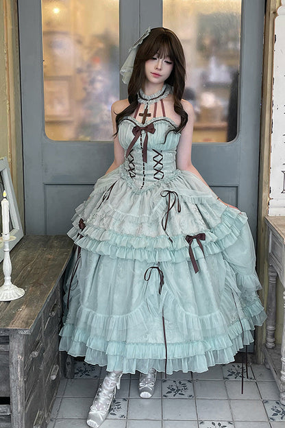 Mint Halterneck Cross Bow Lace-Up Ruffled Lolita Gown