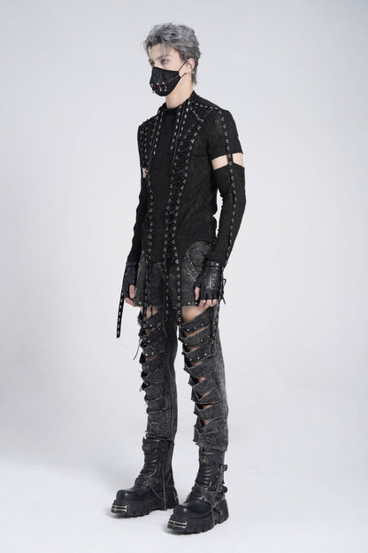 Ebony Long-Sleeve Strap Lace-Up Irregular Sheer Men's Punk Tee