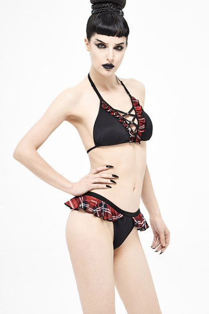 Crimson & Charcoal Tartan Frilled Punk Swim Shorts