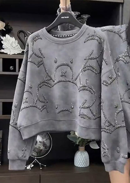 Sweat-shirt à paillettes gris à col rond tendance pour l'automne WD035