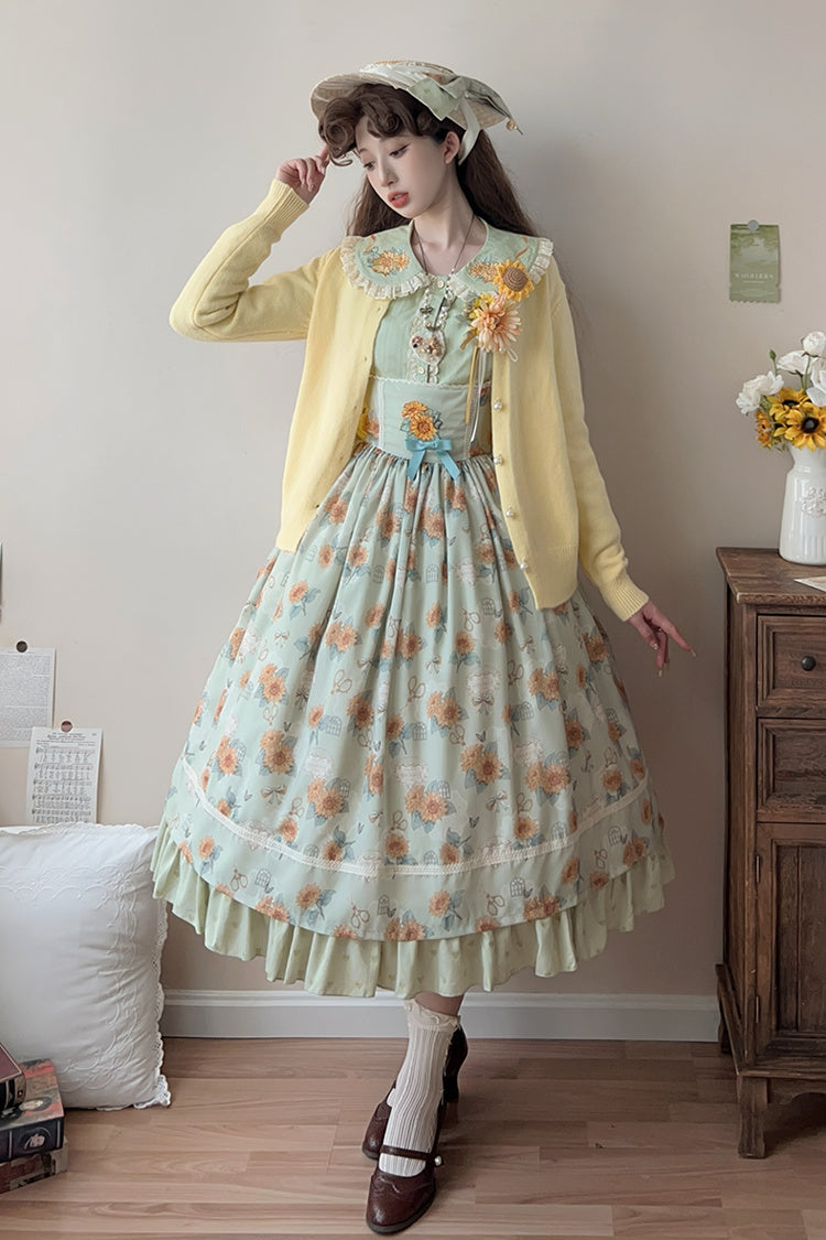 Emerald Gardening Sunflower Sleeveless Ruffle Bow Uplift Elegant JSK