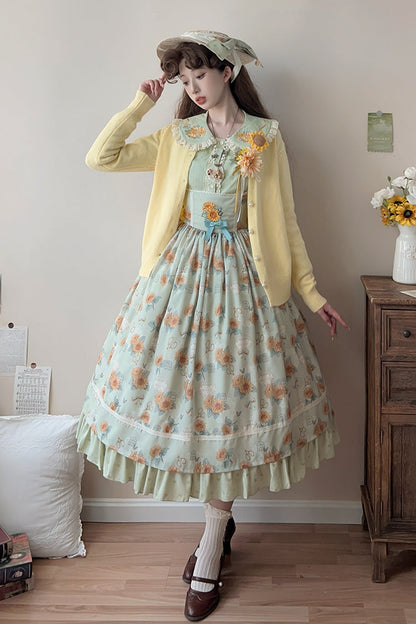 Emerald Gardening Sunflower Sleeveless Ruffle Bow Uplift Elegant JSK