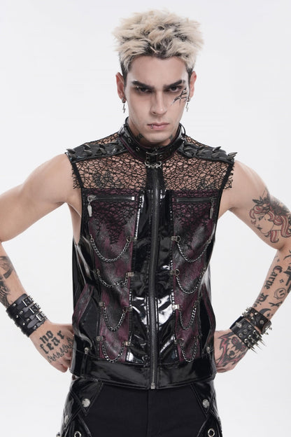 Men's Black Punk Vest, Spliced Mesh with Studs, Zippers and Eyelets