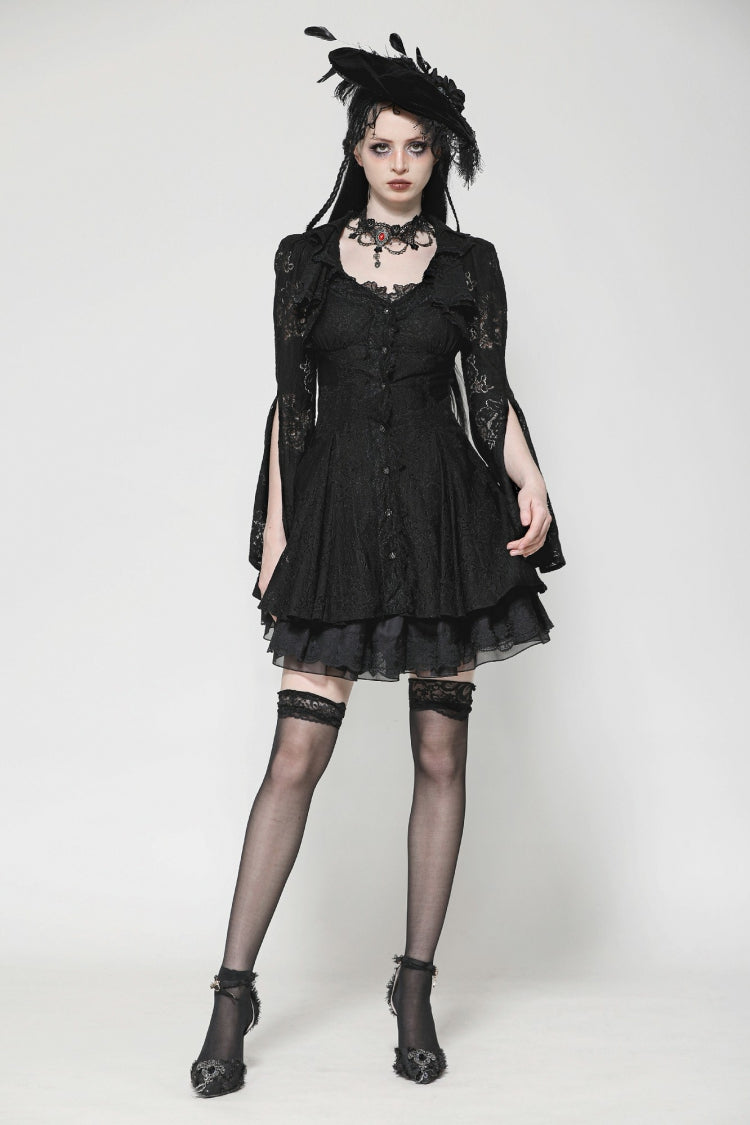 Ebony Flared-Sleeve Embroidered Lace-Up Gothic Honeymoon Dress
