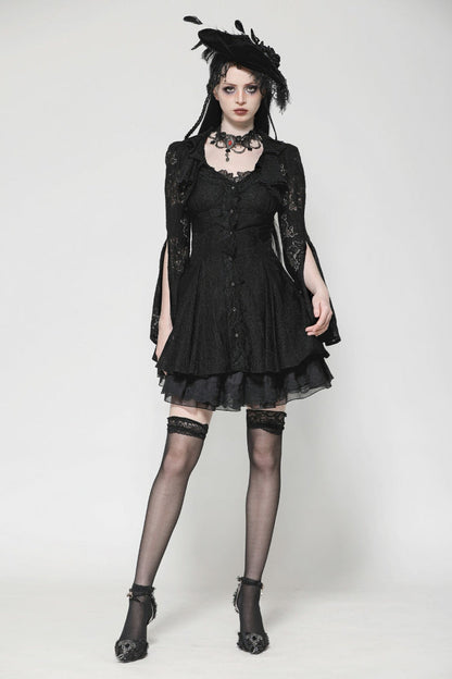 Ebony Flared-Sleeve Embroidered Lace-Up Gothic Honeymoon Dress