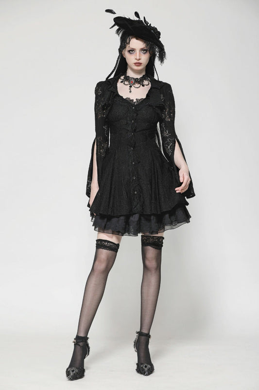 Ebony Flared-Sleeve Embroidered Lace-Up Gothic Honeymoon Dress