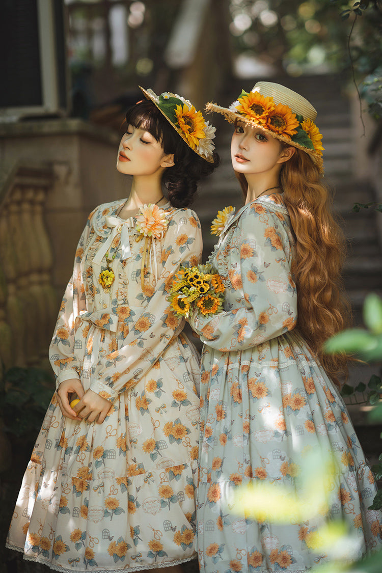 Emerald Long Sleeve Sunflower Ruffle Bow Sweet Lolita Gown