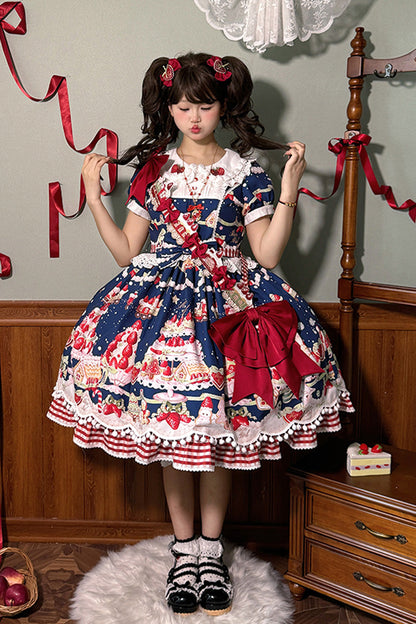 Doll Collar Short Sleeve Print Ruffle Bowknot Sweet Lolita Dress with Strawberry Dessert - 4 Colors